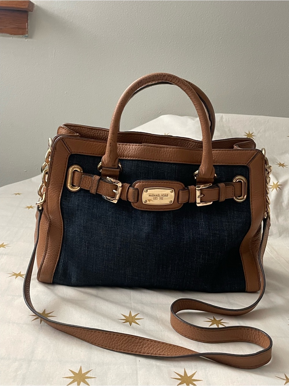 Michael Kors Hamilton Satchel  Blue Denim  with Tan Leather Trim
